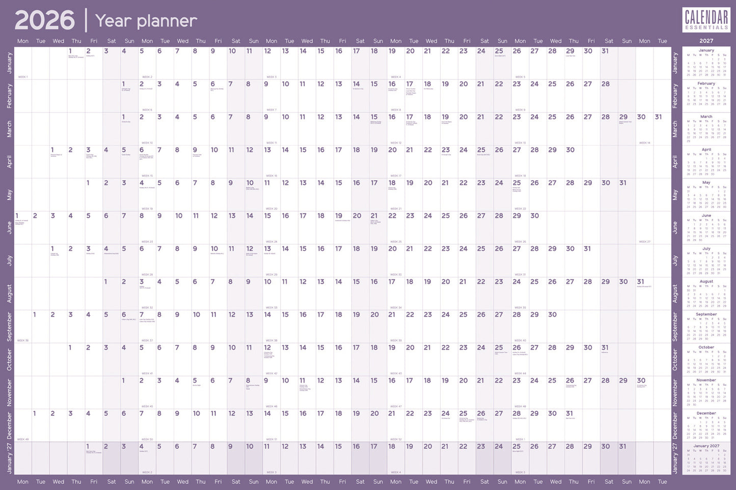 Essential Roll Planner Calendar 2026