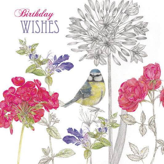 Vintage Garden Card - Blue Tit & Flowers