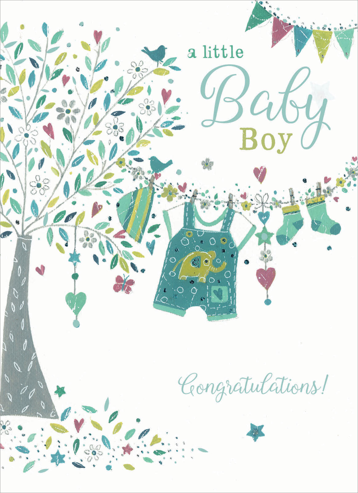 New Baby Card - Tree & Washing line (Baby Boy)