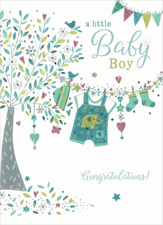 New Baby Card - Tree & Washing line (Baby Boy)