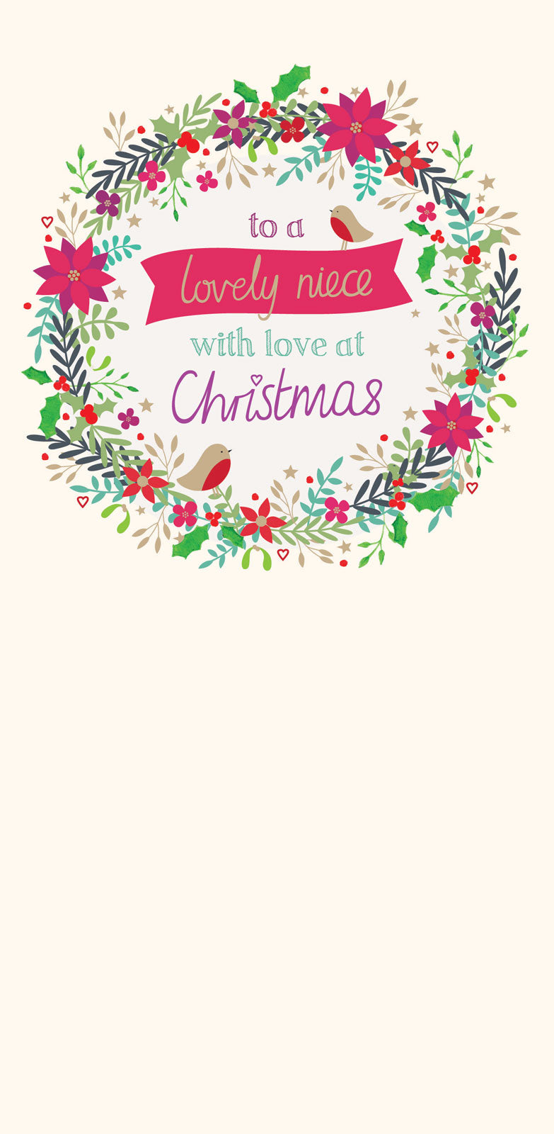 Christmas Card (Single) - Niece 'Little Floral Wreath & Robins'