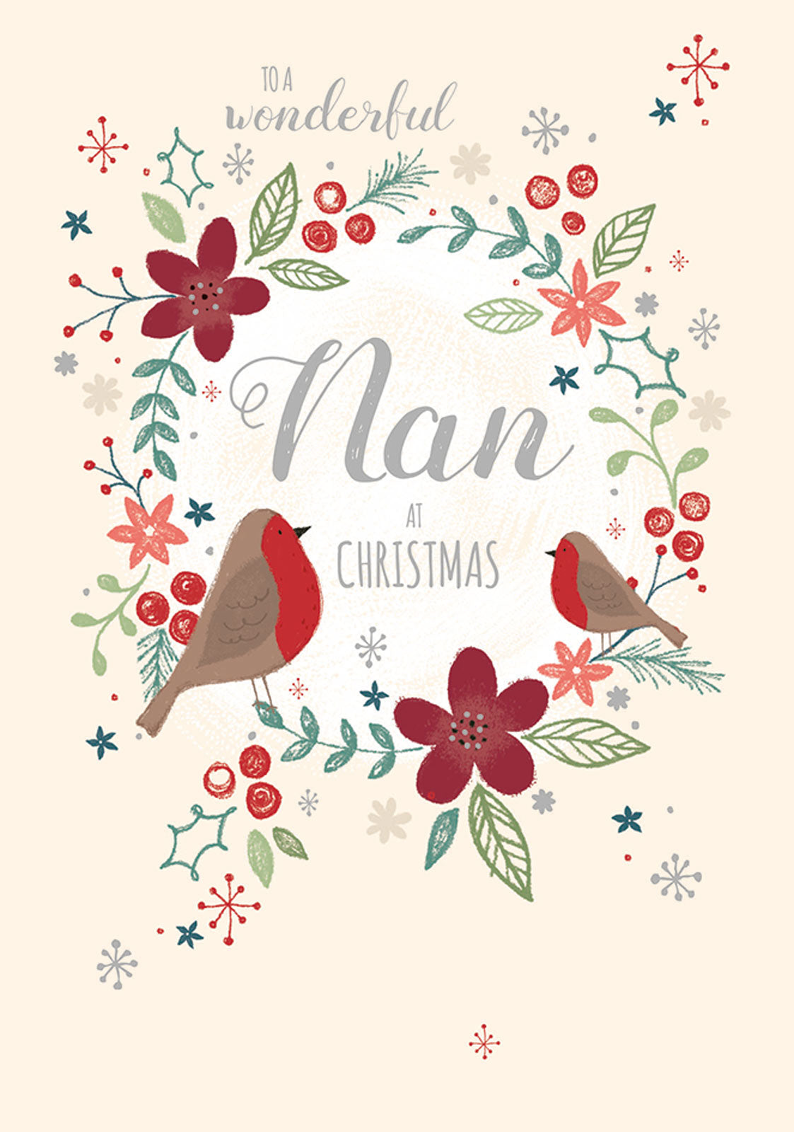 Christmas Card (Single) - Nan - Wreath & Robins