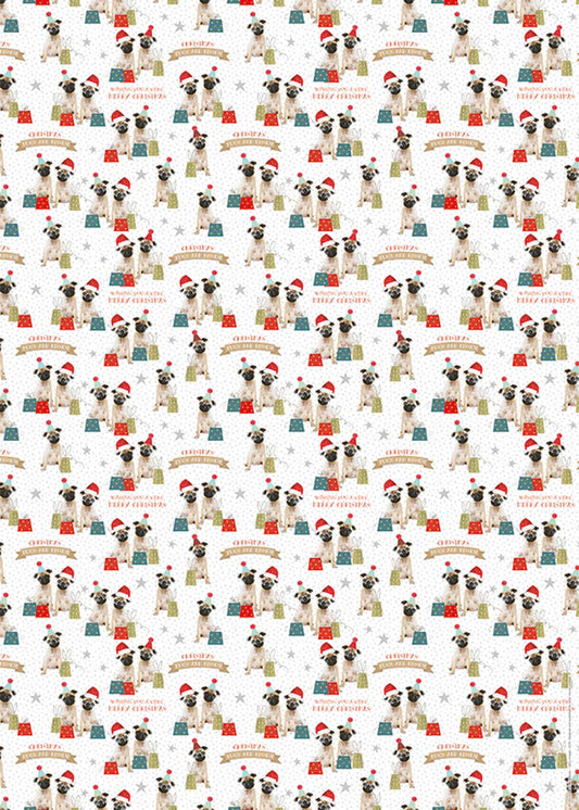 Christmas Wrap & Tags - Festive Party Pugs (5 Sheets & 5 Tags)