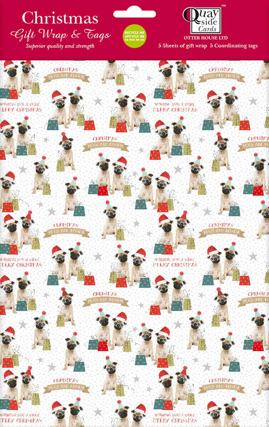 Christmas Wrap & Tags - Festive Party Pugs (5 Sheets & 5 Tags)