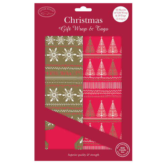 Christmas Wrap & Tags Bumper Pack - Snowflake & Winter Trees (10 Sheets & 10 Tags)