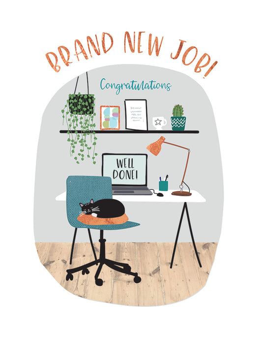 Good Luck Card - 'New Job' Office Desk & Cat