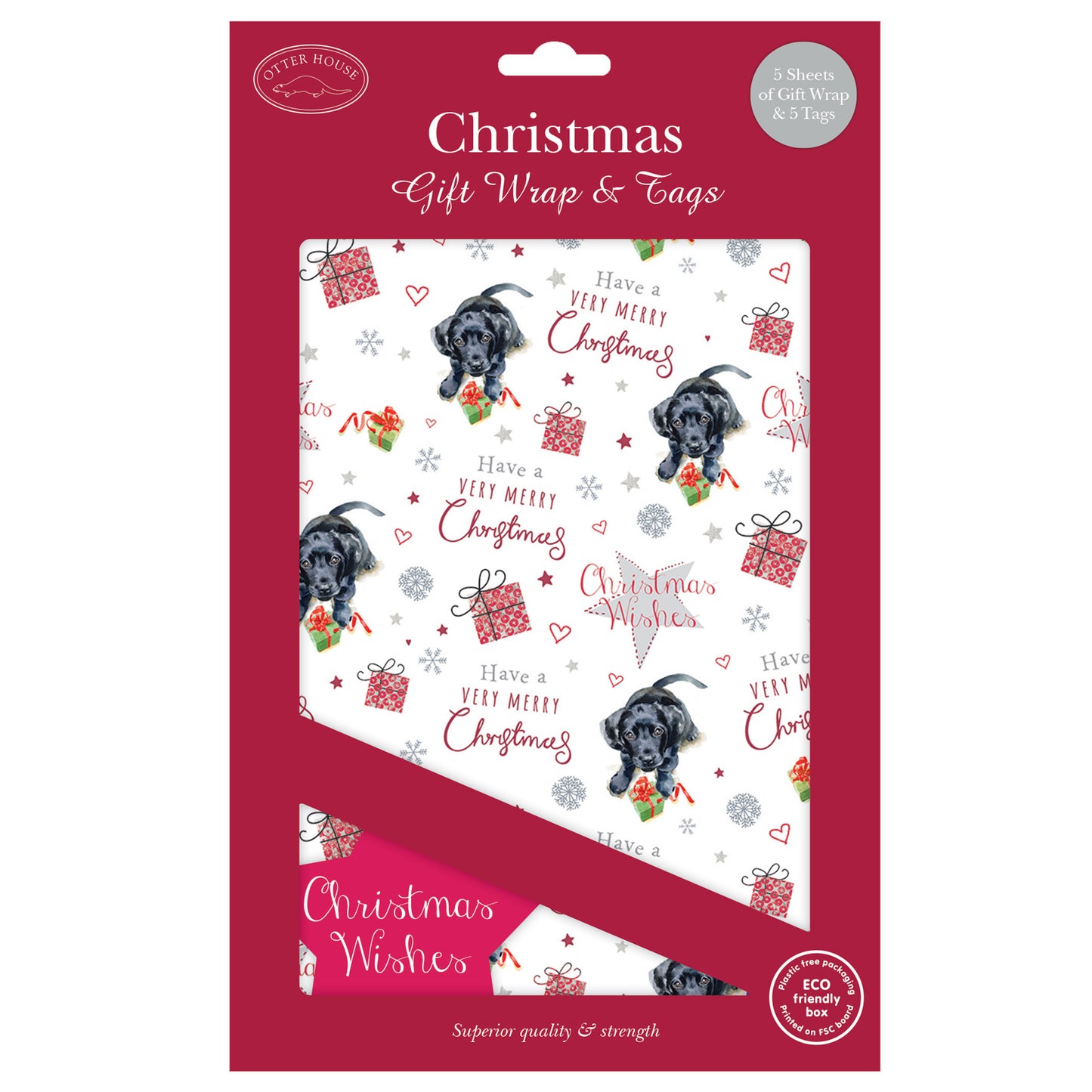 Christmas Wrap & Tags - Cute Christmas Pup (5 Sheets & 5 Tags)