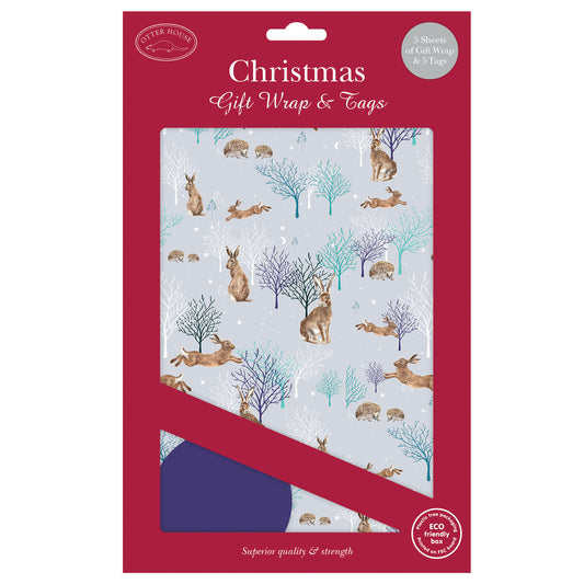 Christmas Wrap & Tags - Woodland Hares (5 Sheets & 5 Tags)