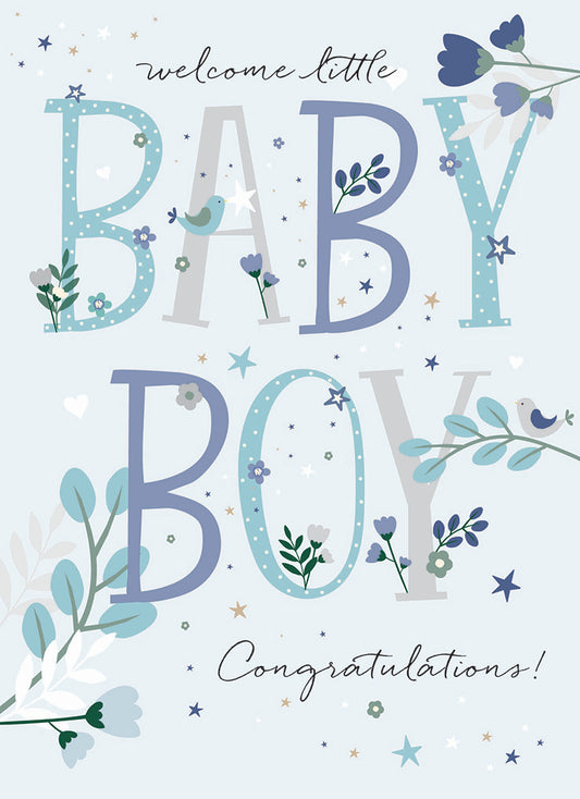 New Baby Card - Text & Flowers (Baby Boy)