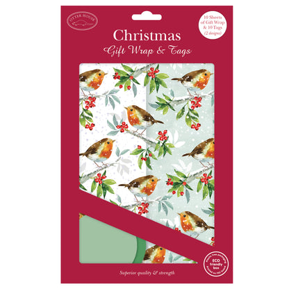 Christmas Wrap & Tags - Holly Robins (10 Sheets & 10 Tags)