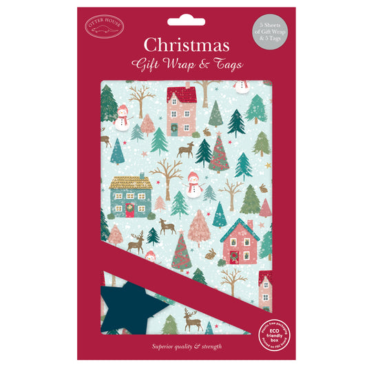 Christmas Wrap & Tags - Woodland Village (5 Sheets & 5 Tags)