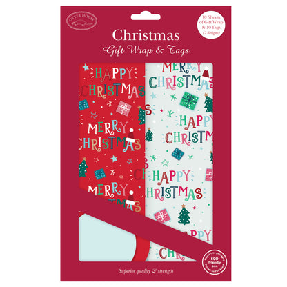 Christmas Wrap & Tags - Christmas Text (10 Sheets & 10 Tags)