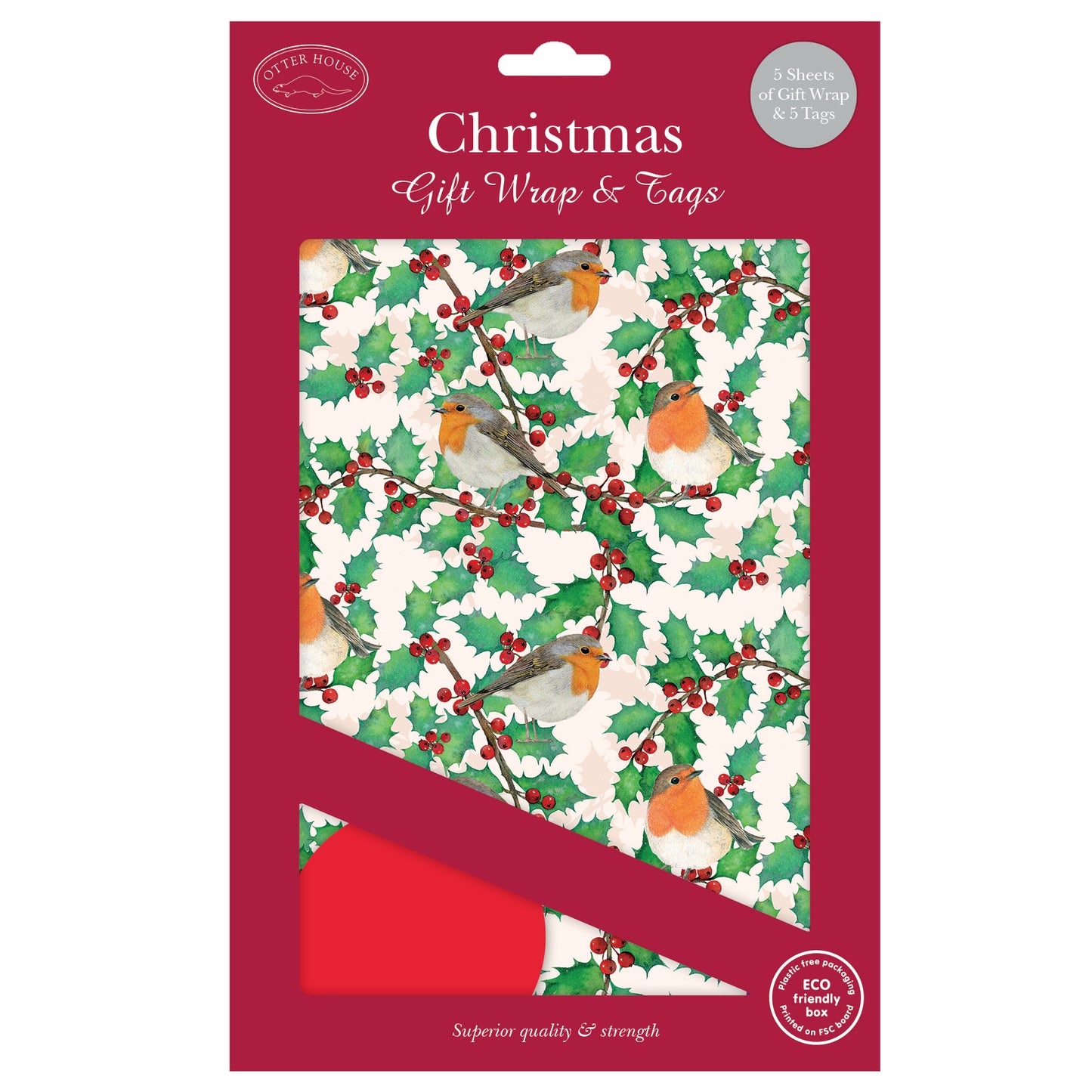 Christmas Wrap & Tags - Holly, Berries & Robins (5 Sheets & 5 Tags)