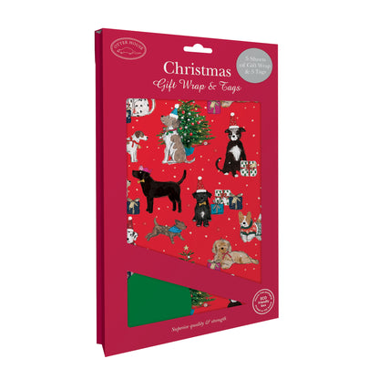 Christmas Wrap & Tags - Dogs Around the Tree (5 Sheets & 5 Tags)