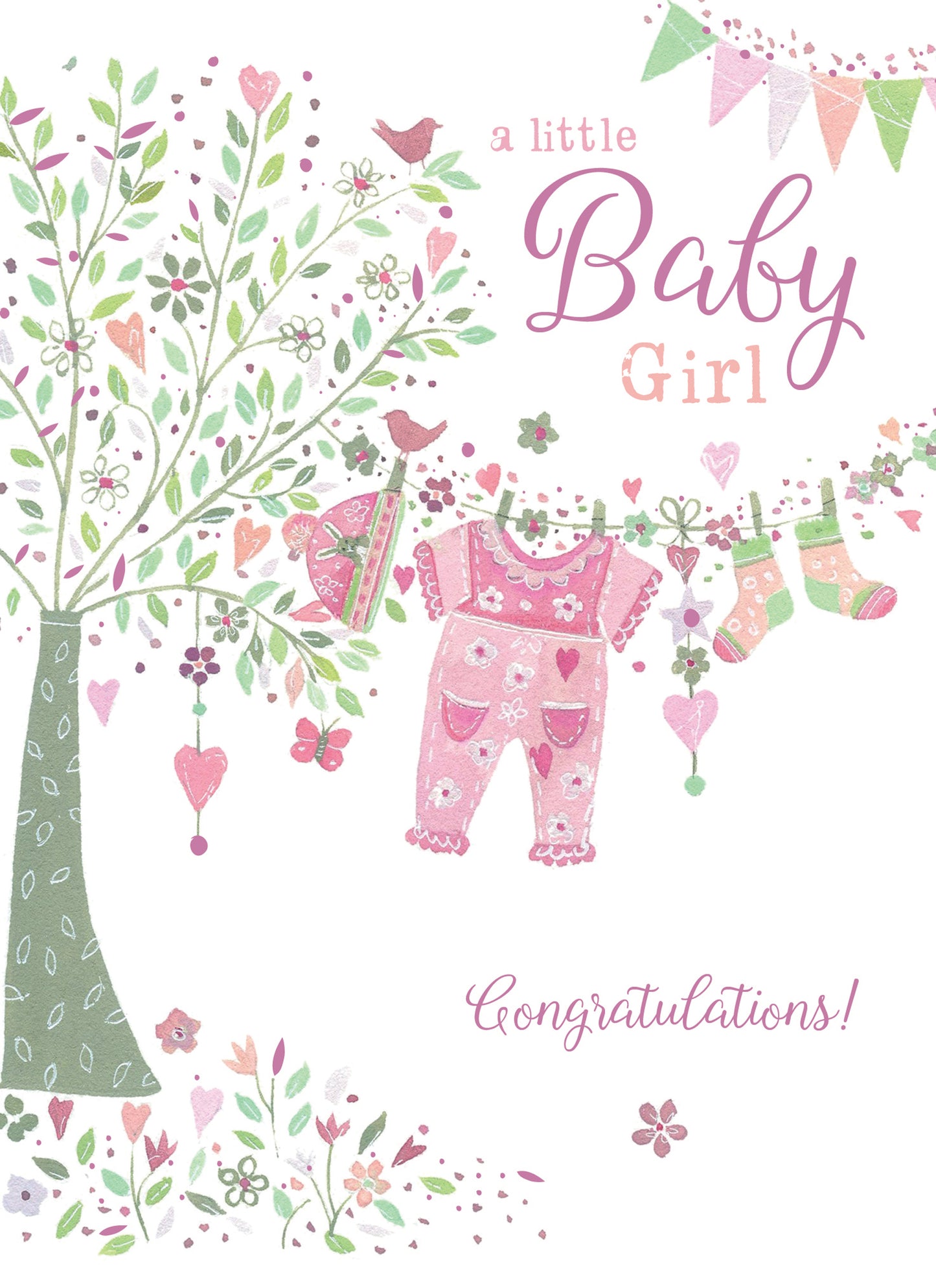 New Baby Card - Tree & Washing Line (Baby Girl)