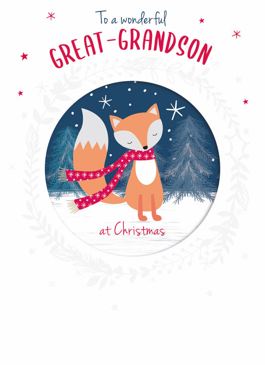 Christmas Card (Single) - Great Grandson - Fox In A Wreath