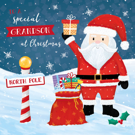 Christmas Card (Single) - Grandson - Santa & Gifts