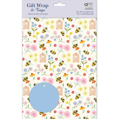 Gift Wrap & Tags - Bee Pattern (2 Sheets & 2 Tags)