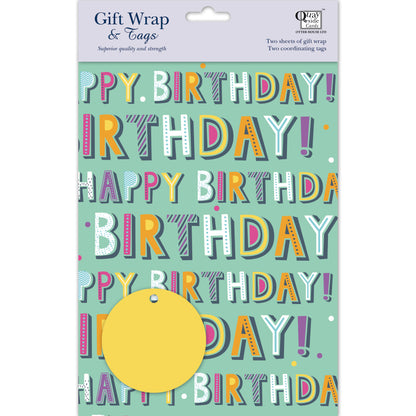 Gift Wrap & Tags - Happy Birthday Text (2 Sheets & 2 Tags)