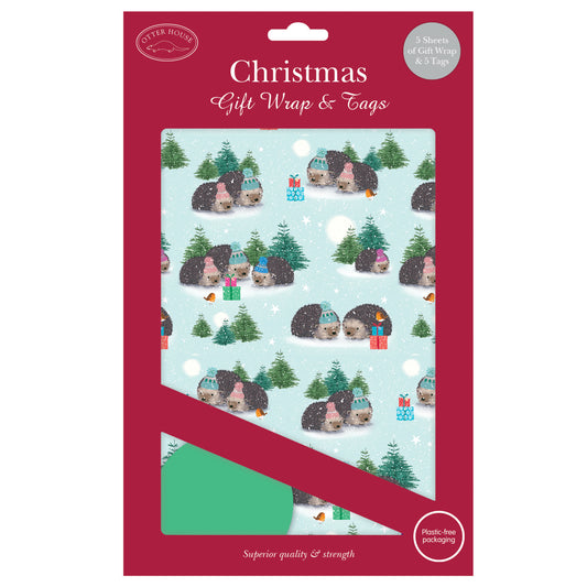 Christmas Wrap & Tags - A Prickle of Hedgehogs (5 Sheets & 5 Tags)