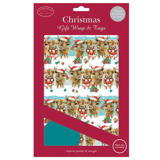 Christmas Wrap & Tags - Festive Highland Friends (5 Sheets & 5 Tags)