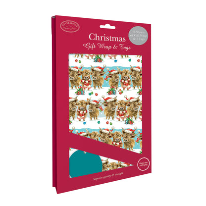 Christmas Wrap & Tags - Festive Highland Friends (5 Sheets & 5 Tags)