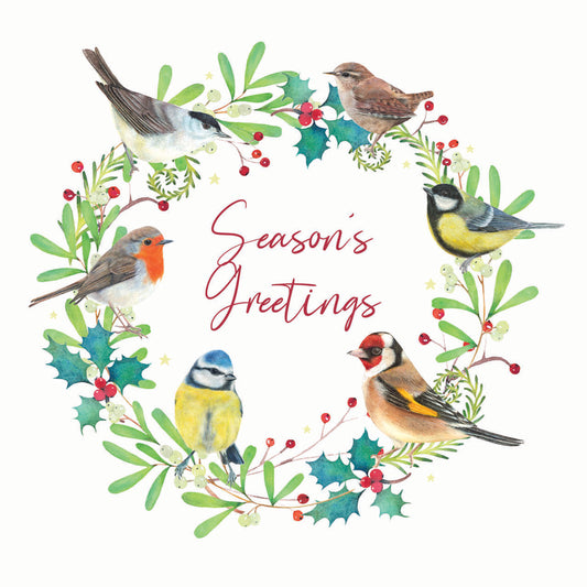 RSPB Small Square Christmas Cards (10 Cards) - Holly Wreath & Birds