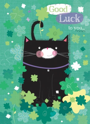 Good Luck Card - Lucky Black Cat In Clover